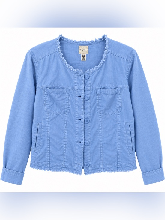 Tommy Bahama Jackets & Blazers - Tommy Bahama Women M Blue 100% Linen Jacket Raw Hem Frayed Coastal Button Front